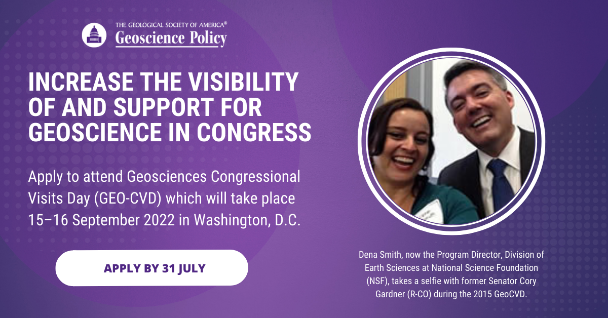 A promotional graphic reads: Increase the visibility of and support for geoscience in Congress. Apply by 31 July.