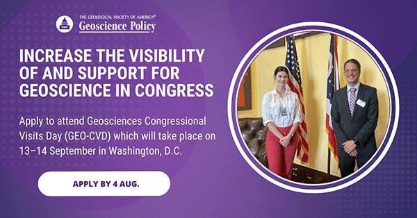 A promotional graphic reads: Increase the visibility of and support for geoscience in Congress. Apply by 5 Aug.