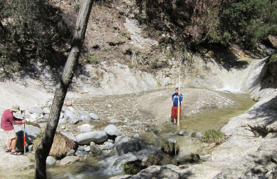 people in a sediment-filled old pond
