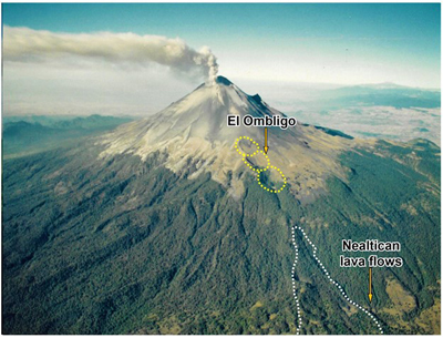 Popocatépetl volcano from the NE and the El Ombligo alignment of vents from which the Nealtican lava-flow field emanated (Photo by John Ewert, 1994).