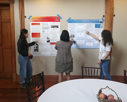 Three women examine scientific posters on a wall.