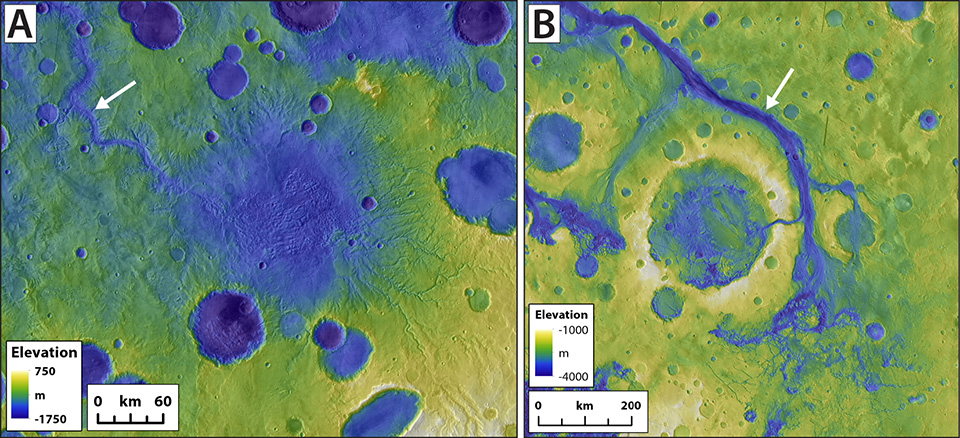 A false-color image showing craters and apparent waterway erosion.