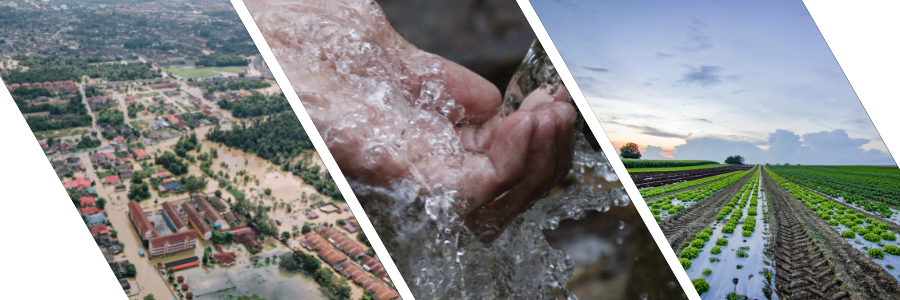 A collage of three photos shows a flooded city, tap water running over a hand, and green crops in a field.