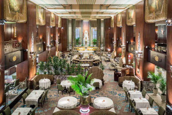 Elevated view of a grand Art Deco dining room.