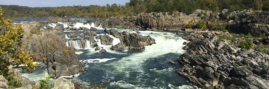 Jagged, chunky rock formations break up a swift-flowing river into white water and short falls.