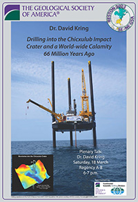 A meeting poster with small text and a photo showing an ocean drilling rig.
