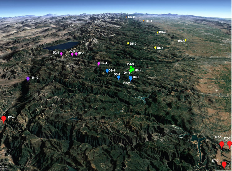Colorful location markers dot a rendered view of a mountain range.