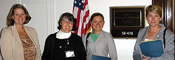 L-R: Kasey White, GSA Director for Geoscience Policy, GSA President Suzanne Kay, AGU member and Ph.D. student Anastacia Yanchilina, and NESTA Executive Director Roberta Johnson discuss strategy before a meeting with Senator Gillibrand (D-NY).