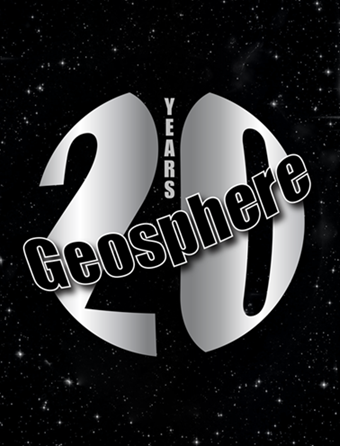 Journal cover with silver '20' with 'YEARS' vertically between the digits and 'Geosphere' diagonally across, set against a starry black background.
