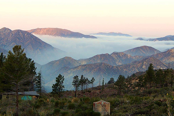 Angeles National Forest with fog in the valleys at sunrise.