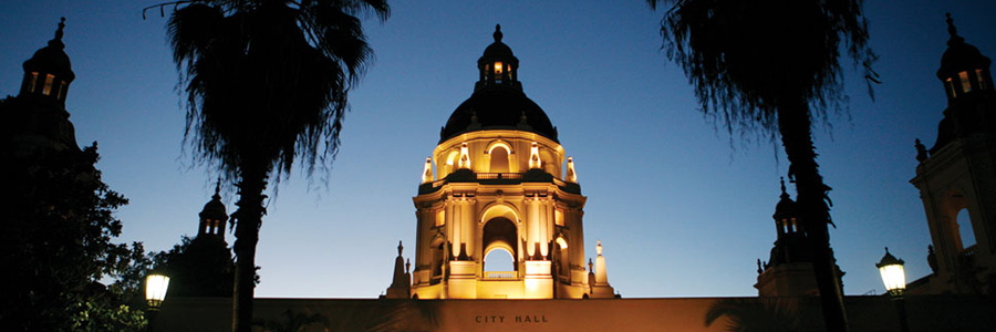 Pasadena City Hall rotunda silhouetted against a sunset