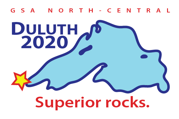 Iconic rendition of Lake Superior with text: GSA North-Central, Duluth 2020, Superior Rocks.