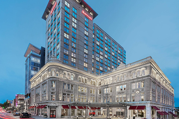 Exterior of Lancaster Marriott at Penn Square at dusk