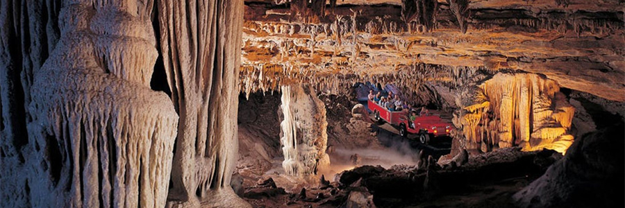 A tour group in awe of the large opening in the Fantastic Caverns.