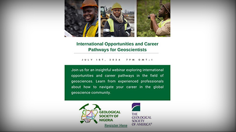 A presentation slide shows some text and the logos for the Geological Society of Nigeria and the Geological Society of America.